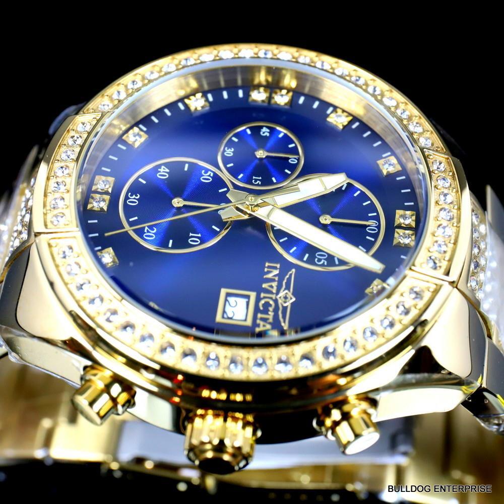 Invicta Specialty Crystal Accented Gold Plated Steel Blue 45mm Chrono Watch New