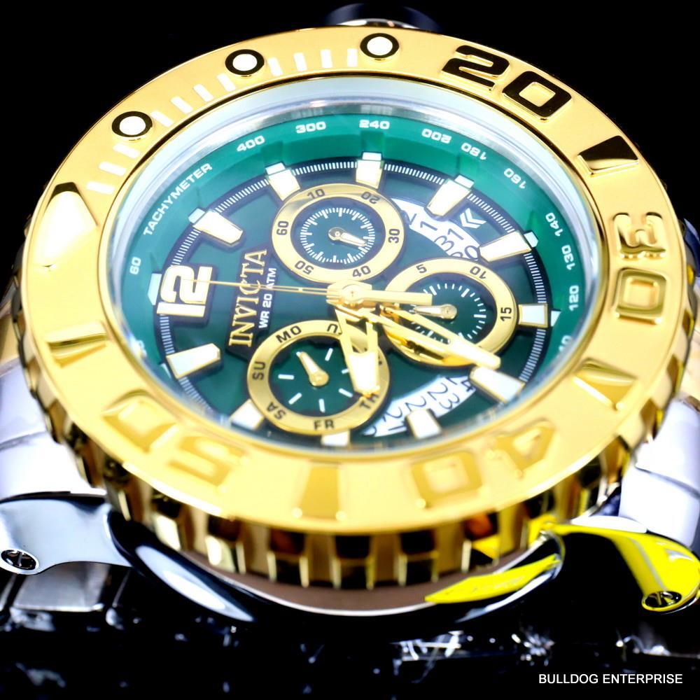 Men's Invicta Sea Hunter Gen II Green 2 Tone Gold Plated 70mm Swiss Watch New