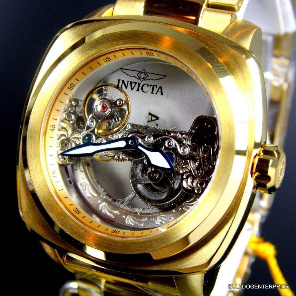 Mens Invicta Aviator Ghost Bridge Mechanical Skeleton Gold Plated 48mm Watch New