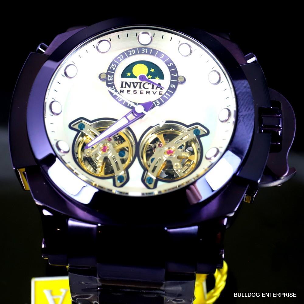 Invicta Man of War Double Open Heart Automatic Moon Phase MOP Purple Watch New