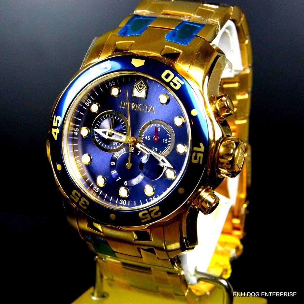 Invicta Pro Diver Scuba 18kt Gold Plated Steel Chronograph Blue 48mm Watch New