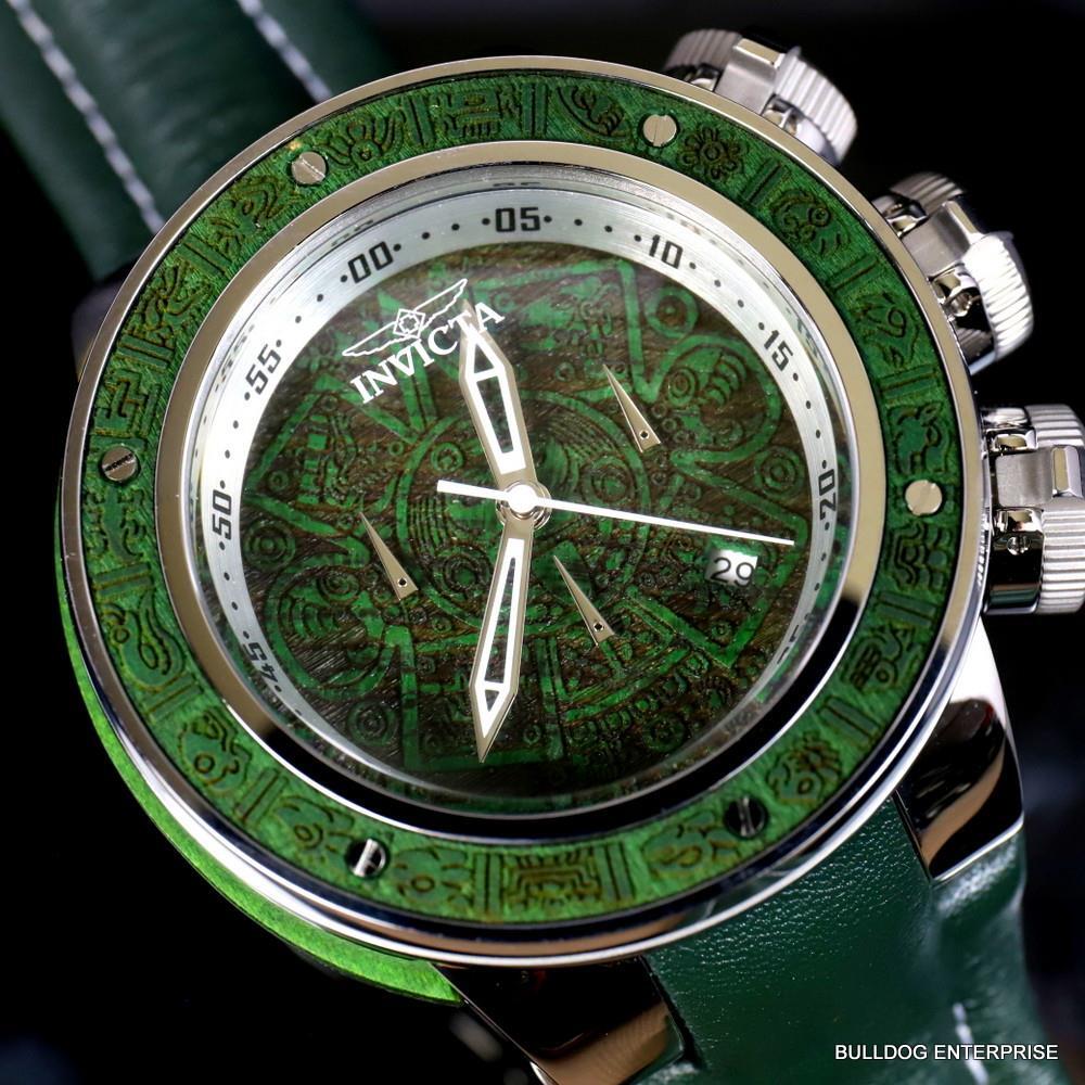 Invicta Subaqua Sea Dragon Wooden Aztec 52mm Green Leather Chronograph Watch New