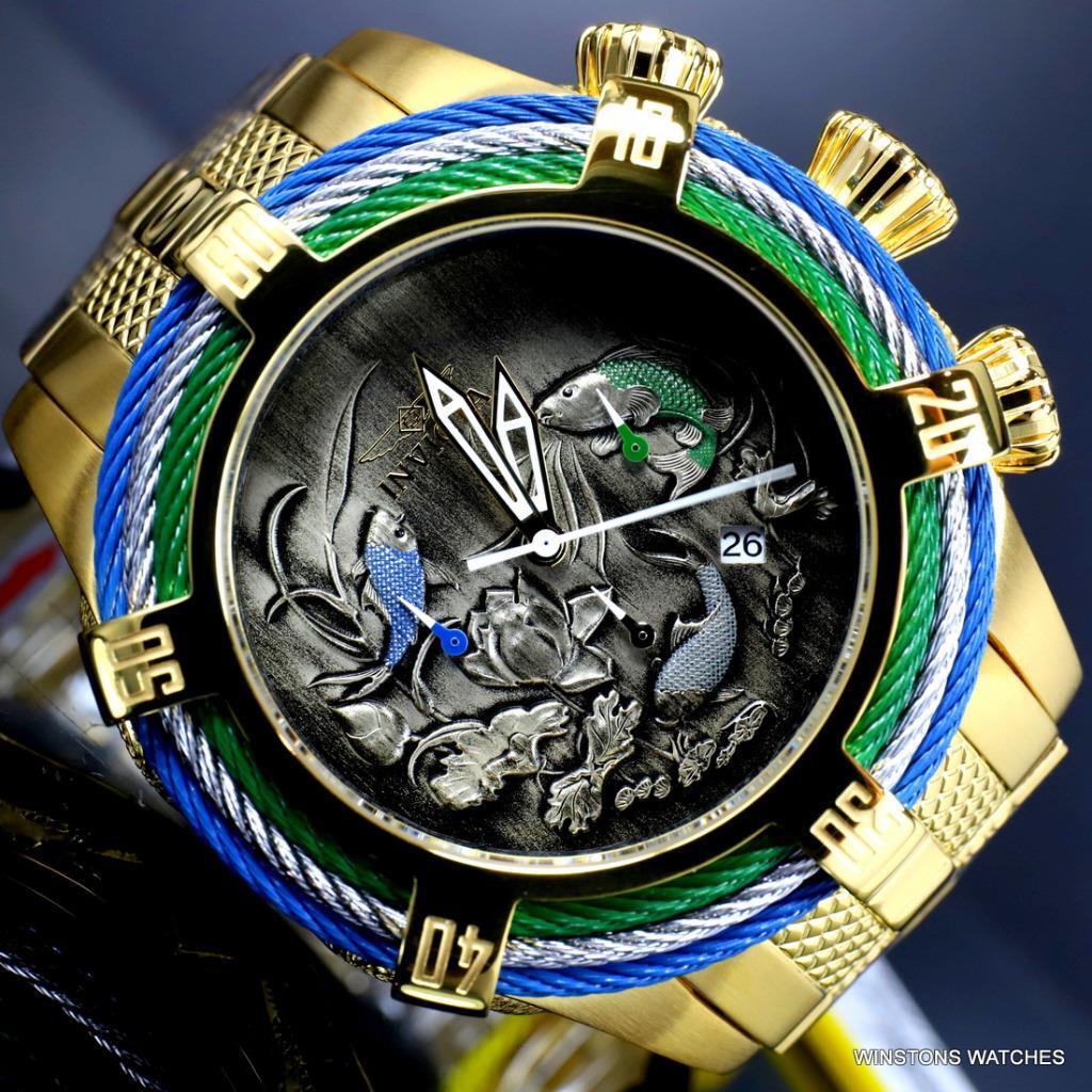 Invicta Bolt Tri Cable Green Blue Koi 54mm Gold Plated Steel Chrono Watch New