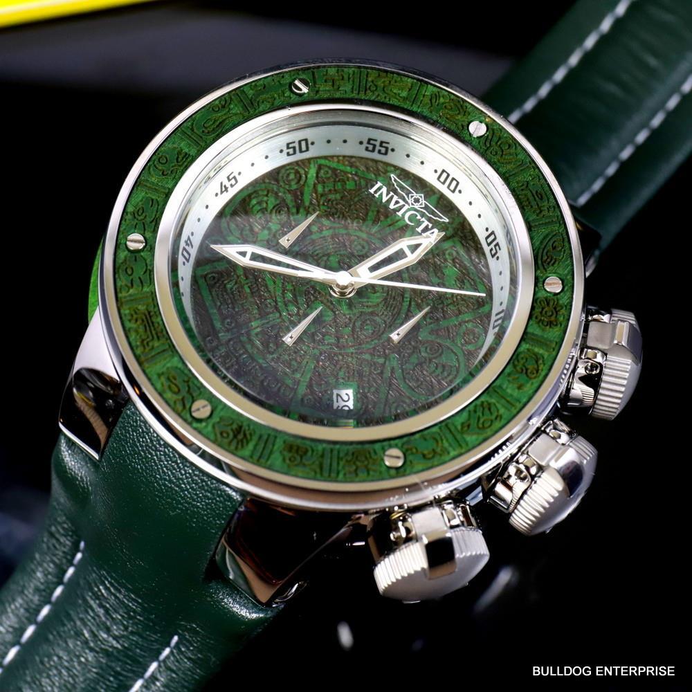 Invicta Subaqua Sea Dragon Wooden Aztec 52mm Green Leather Chronograph Watch New