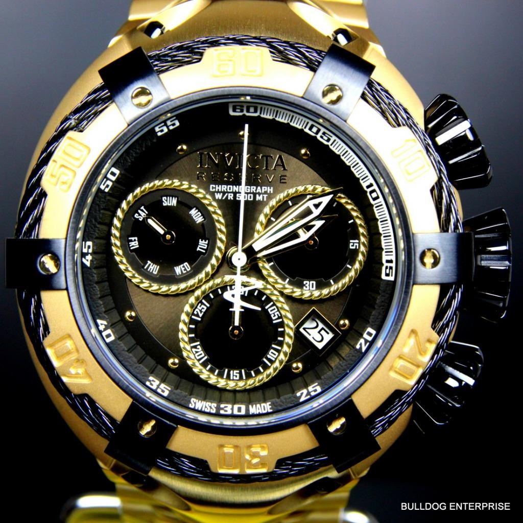 Invicta Reserve Thunderbolt 56mm 18kt Gold Plated Black Chronograph Watch New