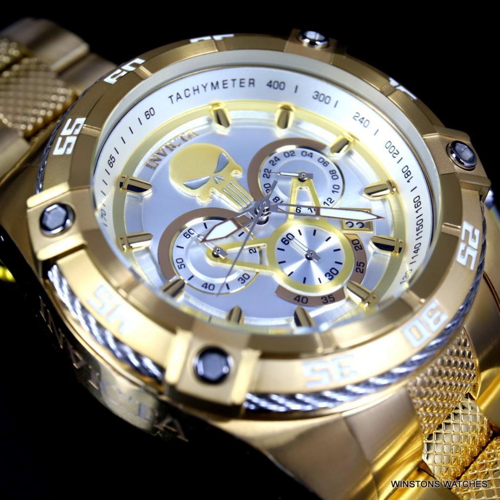 Invicta Marvel Punisher Speedway Viper Chrono Gold Plated Steel 52mm Watch New