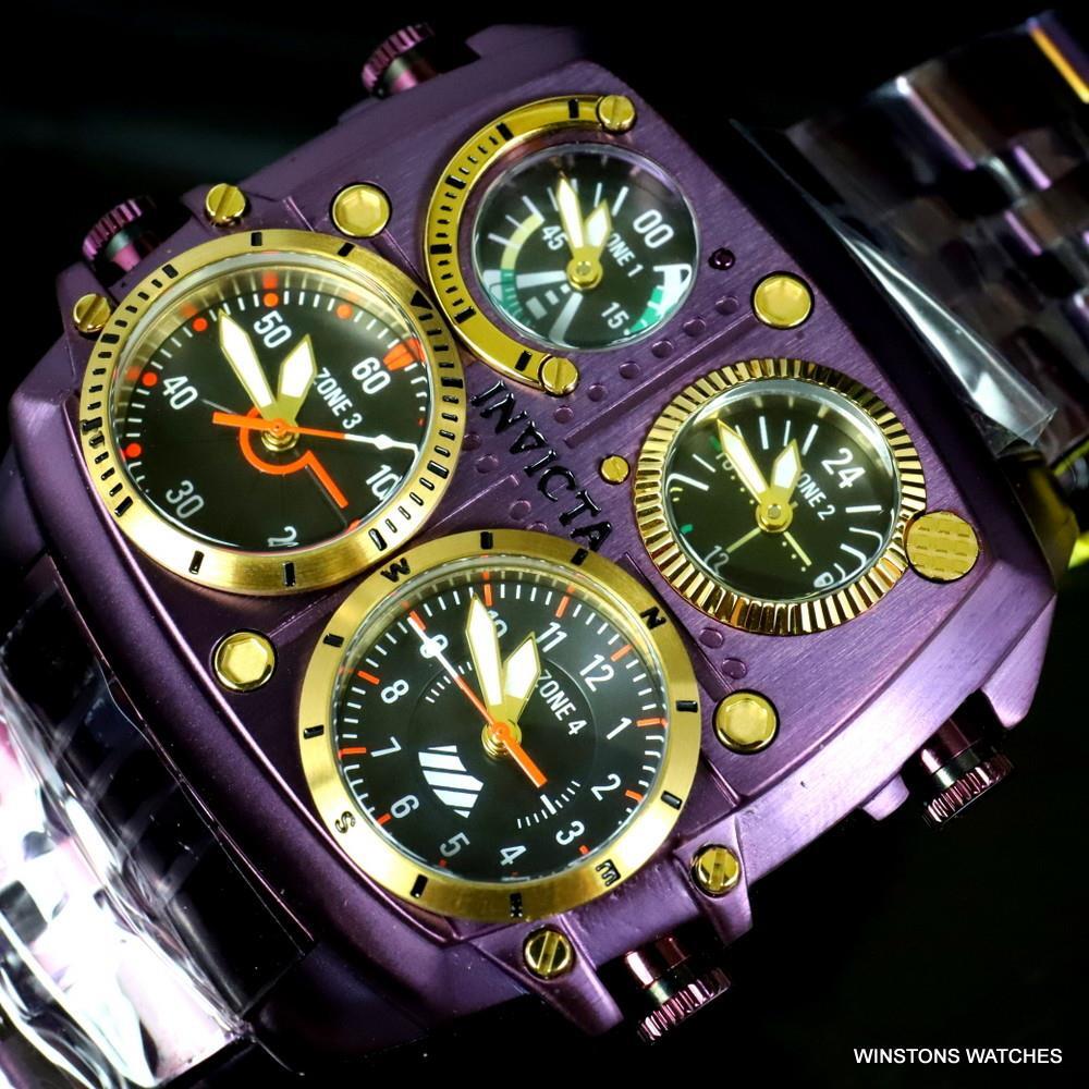 Invicta Aviator Zulu Purple Stainless Steel Bracelet Quad Time 50mm Watch New