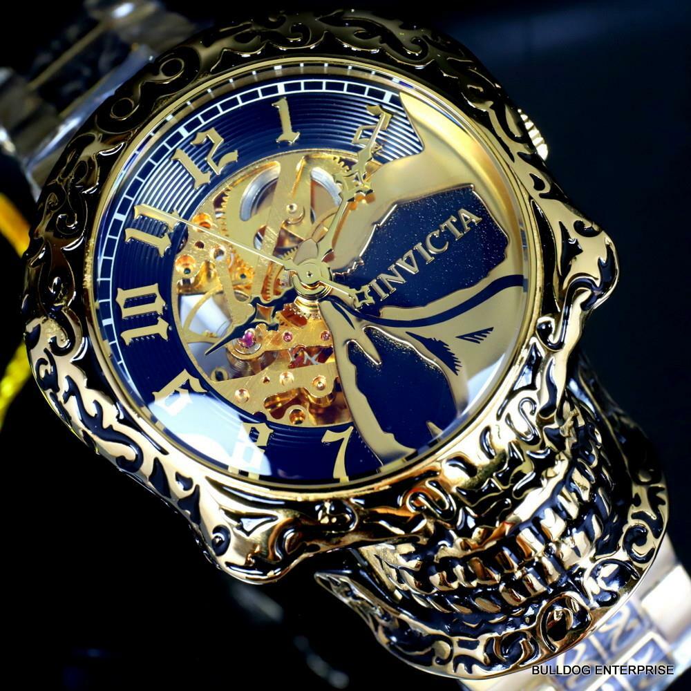 Invicta Artist Skull Automatic Skeletonized Gold Plated Steel 50mm Watch New