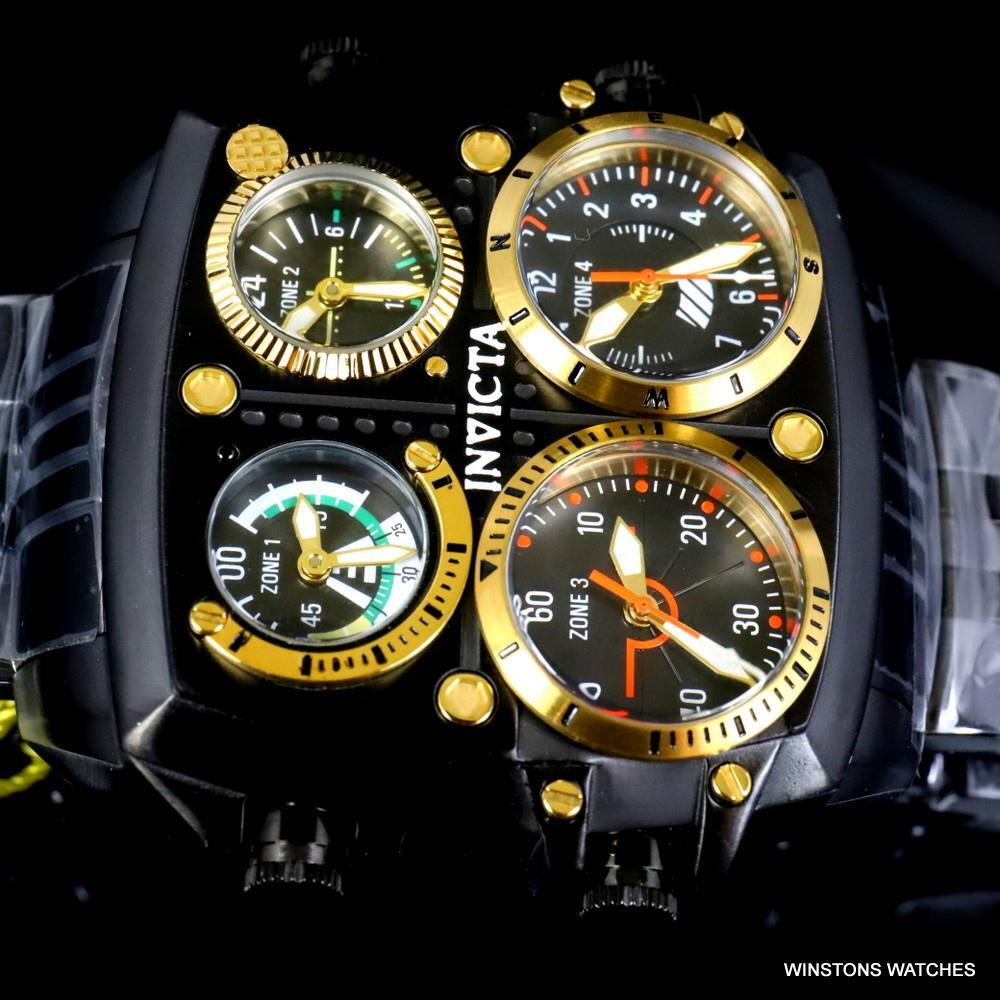 Invicta Aviator Zulu Black Stainless Steel Bracelet Quad Time 50mm Watch New