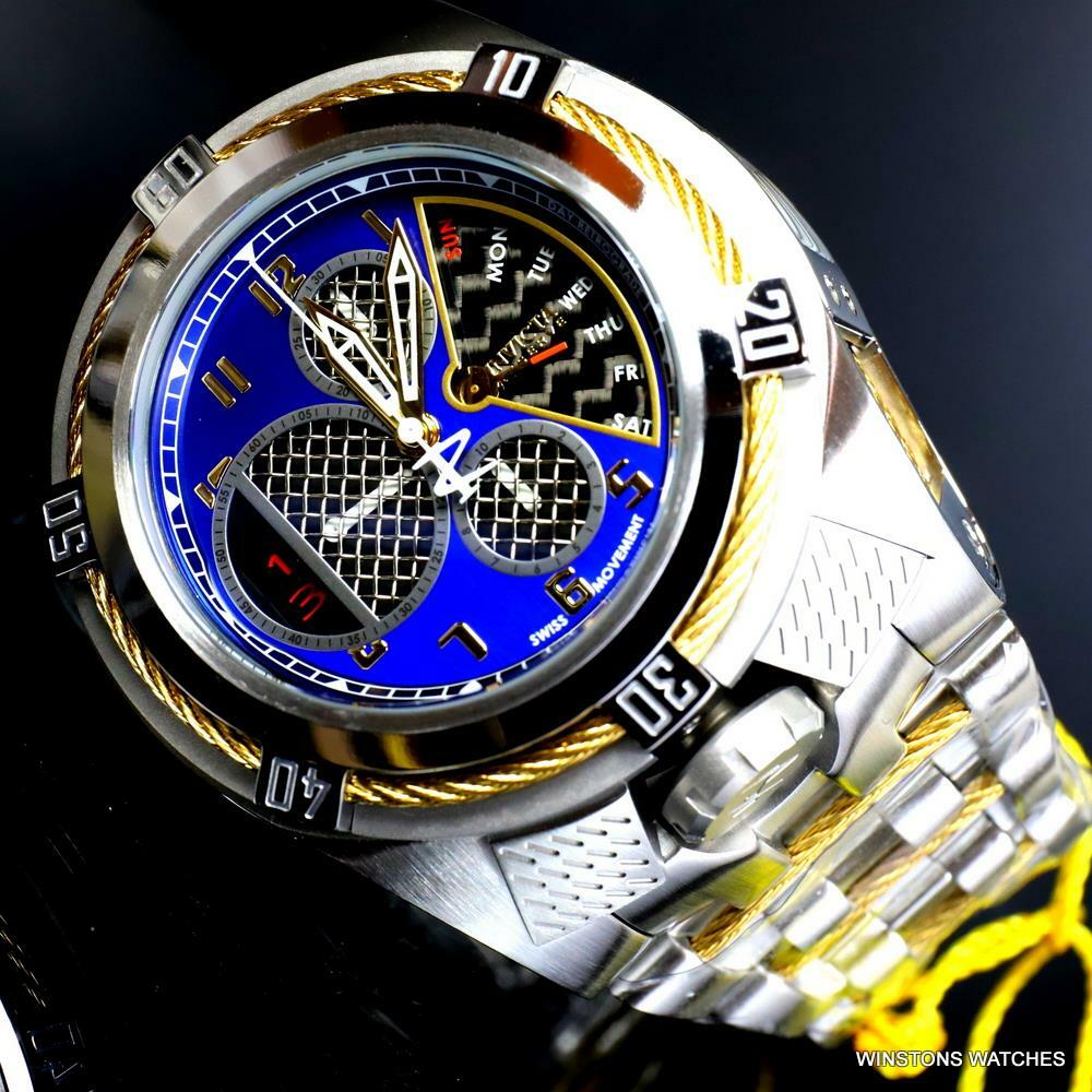 Invicta Bolt Zeus Tria Twisted Metal Steel 3 Swiss Dials Blue 52mm Watch New