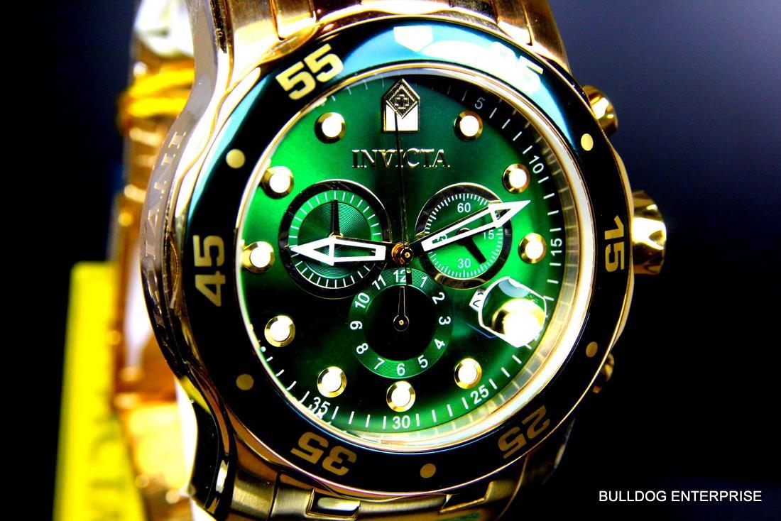 Mens Invicta Pro Diver Scuba 18kt Gold Plated Chronograph Green 48mm Watch New