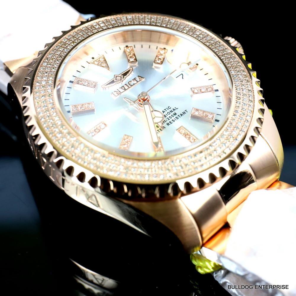 Invicta Pro Diver Automatic1.40 CTW Diamond Rose Gold Plated Silver Watch New