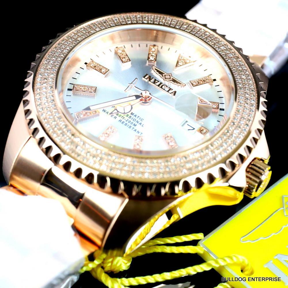 Invicta Pro Diver Automatic1.40 CTW Diamond Rose Gold Plated Silver Watch New
