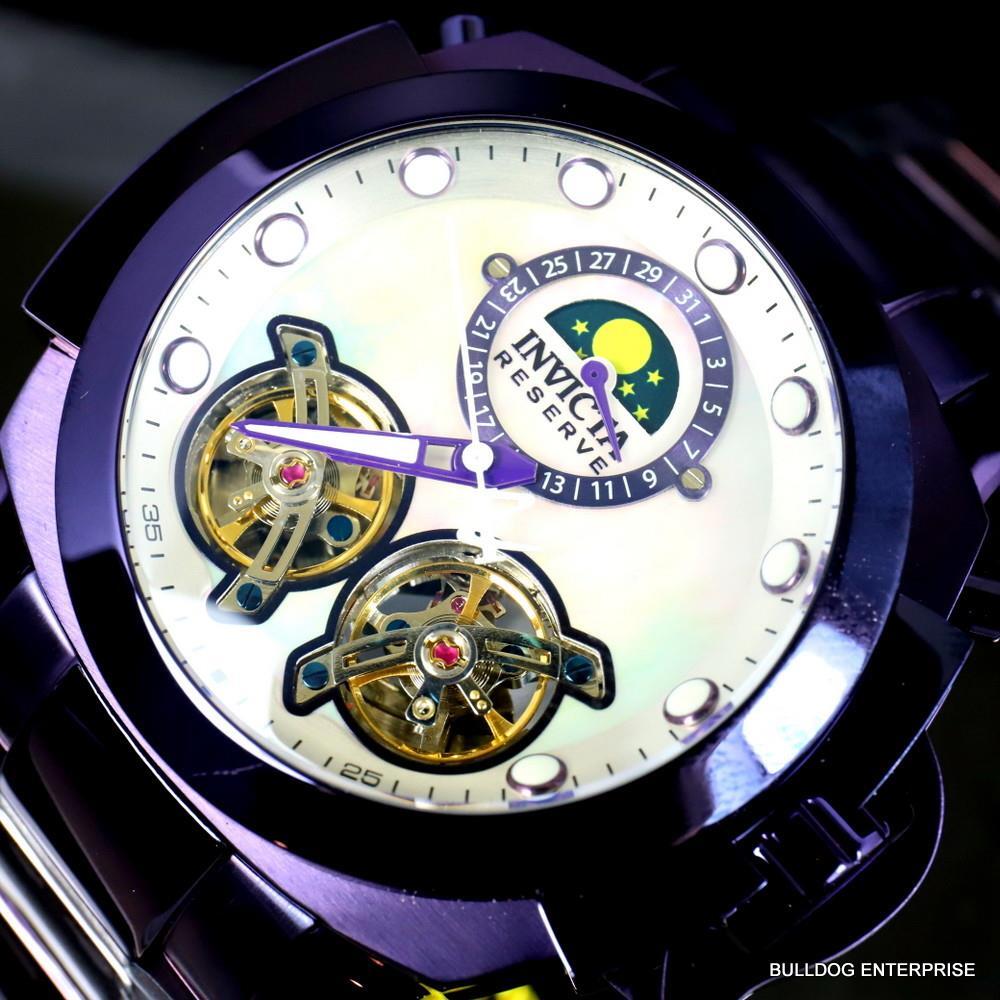Invicta Man of War Double Open Heart Automatic Moon Phase MOP Purple Watch New