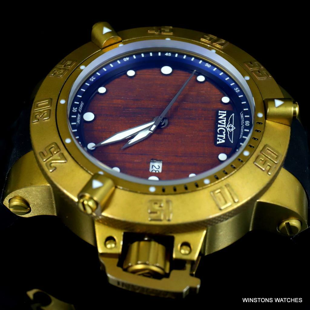 Invicta Subaqua Noma III Swiss Made Wood 50mm Distressed Gold Plated Watch New