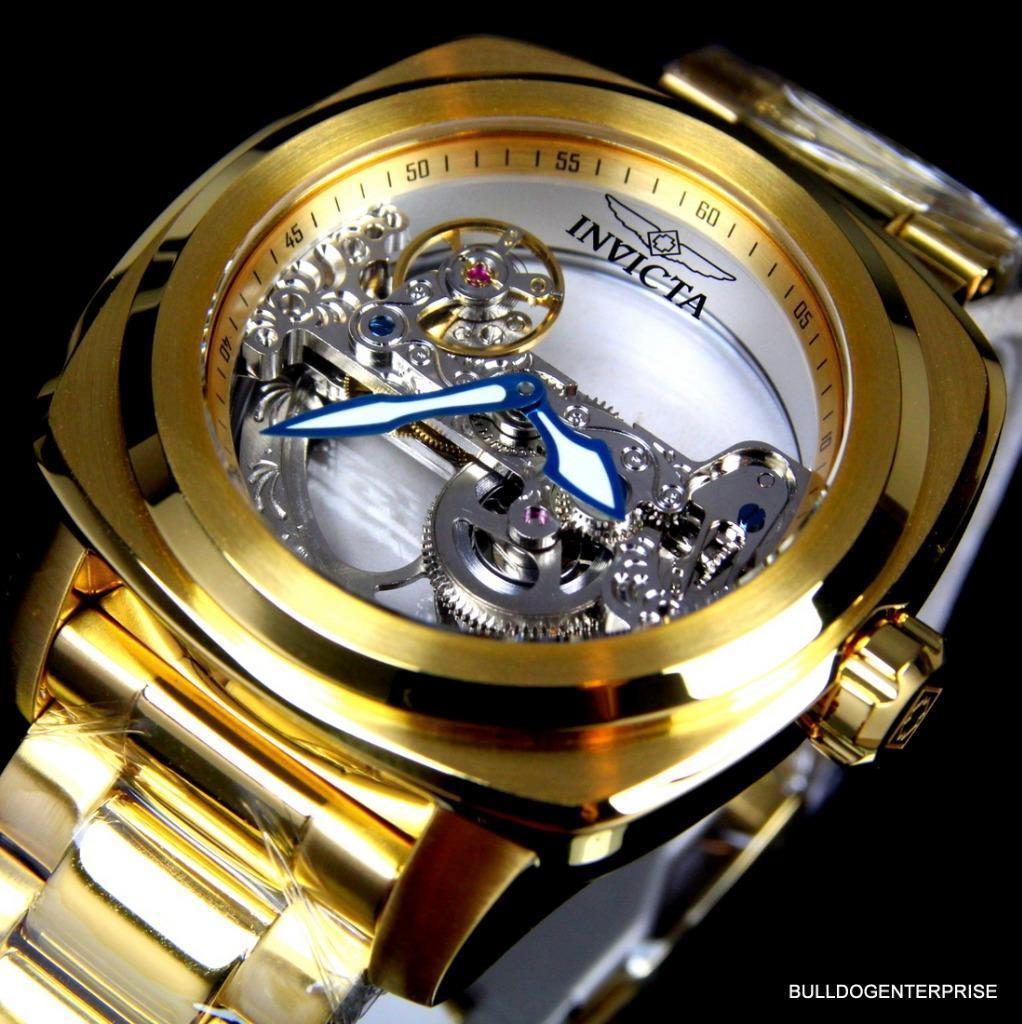 Mens Invicta Aviator Ghost Bridge Mechanical Skeleton Gold Plated 48mm Watch New