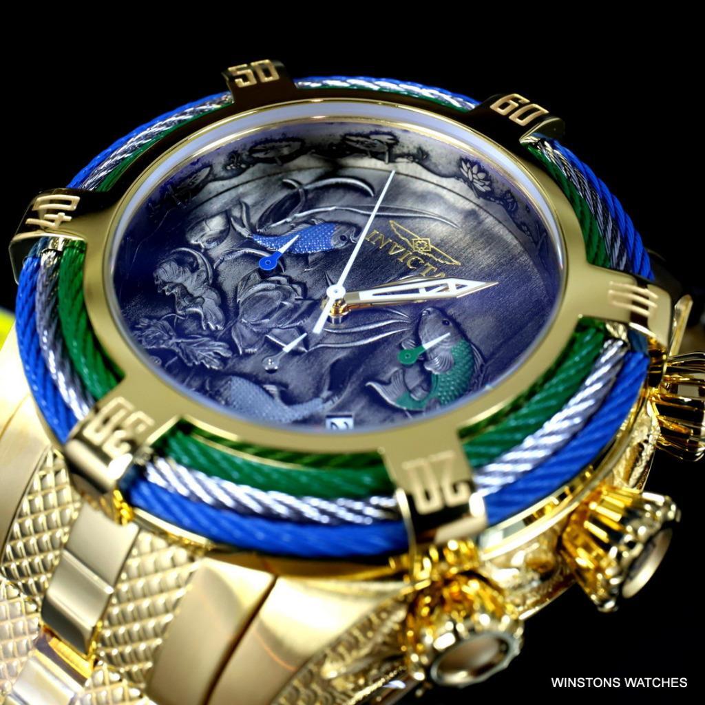 Invicta Bolt Tri Cable Green Blue Koi 54mm Gold Plated Steel Chrono Watch New