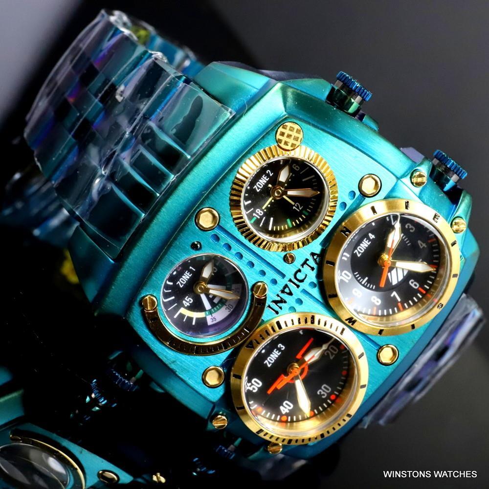 Invicta Aviator Zulu Green Stainless Steel Bracelet Quad Time 50mm Watch New