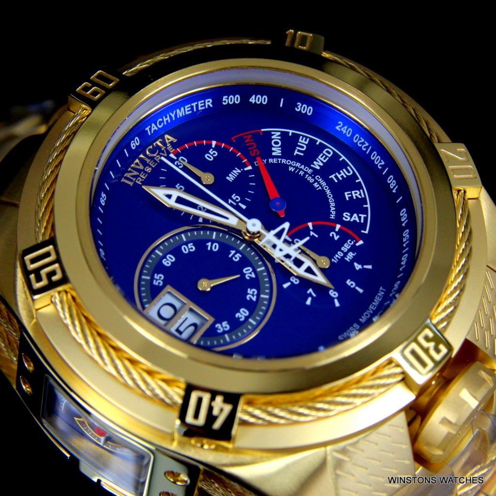 Invicta Bolt Zeus Tria Gold Plated Steel Blue 3 Swiss Mvt Dials 52mm Watch New