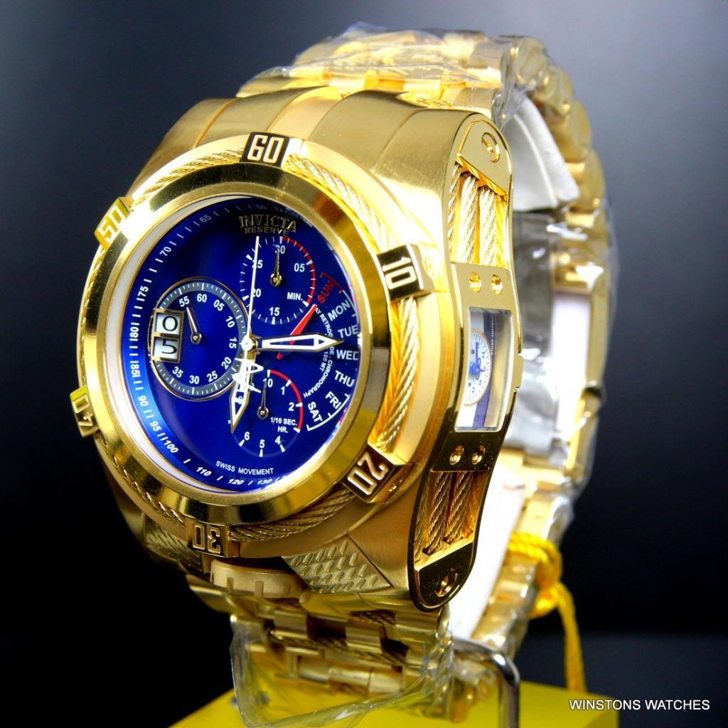 Invicta Bolt Zeus Tria Gold Plated Steel Blue 3 Swiss Mvt Dials 52mm Watch New