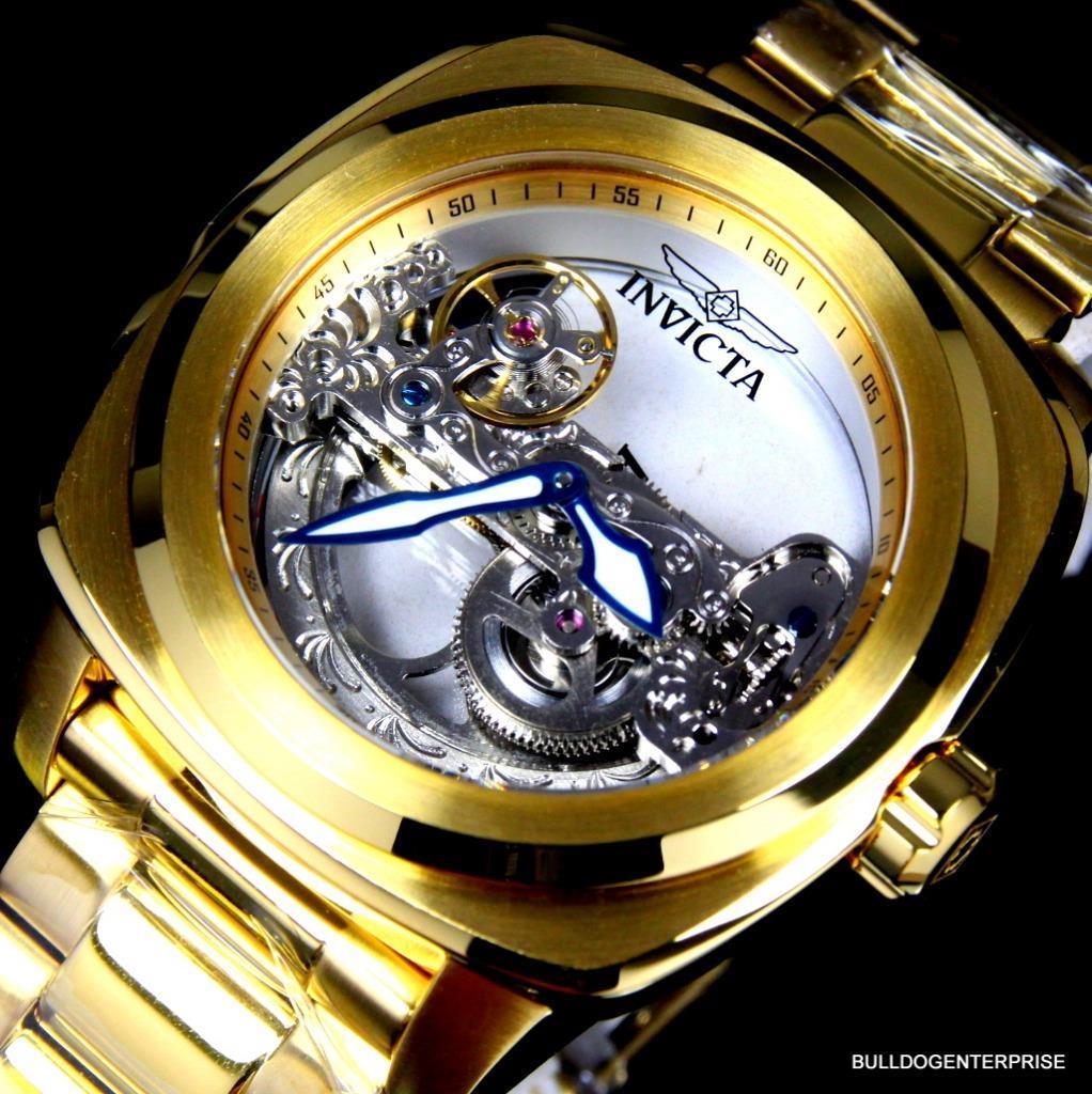 Mens Invicta Aviator Ghost Bridge Mechanical Skeleton Gold Plated 48mm Watch New