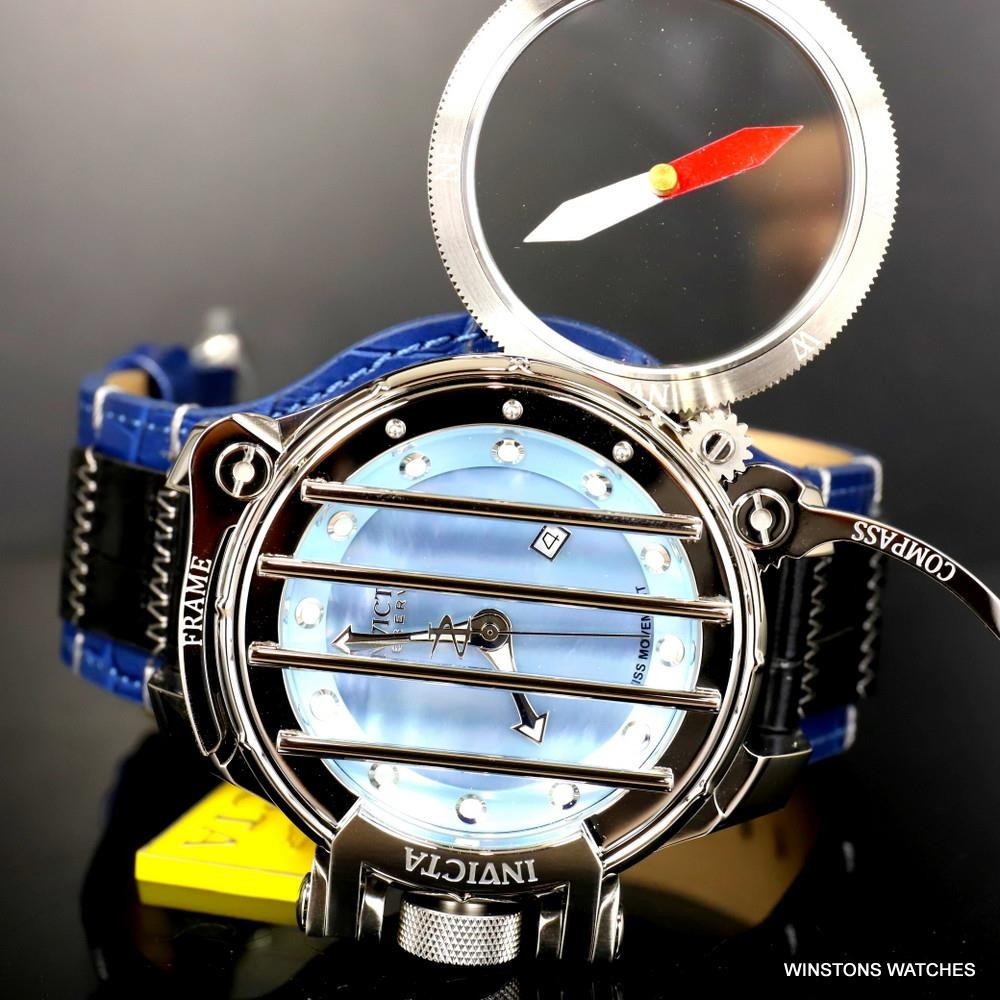 Invicta Russian Diver Compass Platinum MOP Blue Leather 52mm Swiss Mvt Watch New