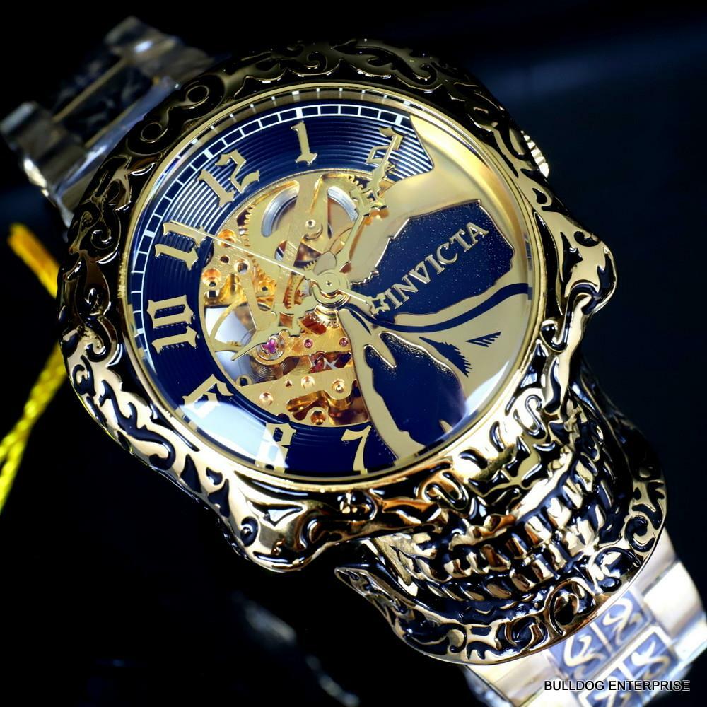 Invicta Artist Skull Automatic Skeletonized Gold Plated Steel 50mm Watch New