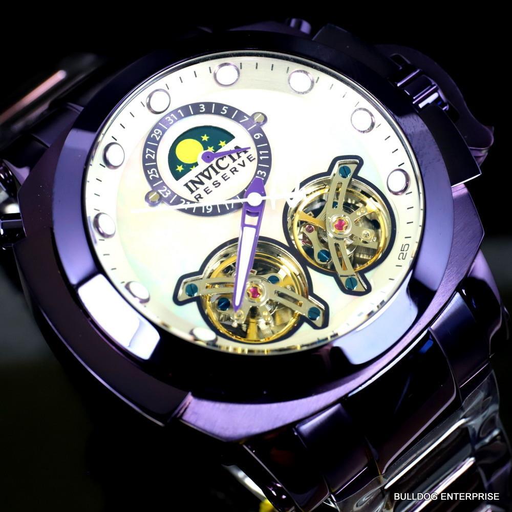 Invicta Man of War Double Open Heart Automatic Moon Phase MOP Purple Watch New