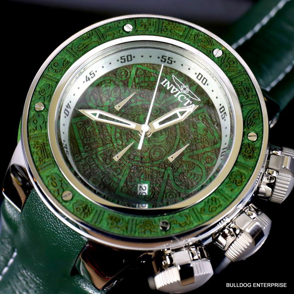Invicta Subaqua Sea Dragon Wooden Aztec 52mm Green Leather Chronograph Watch New