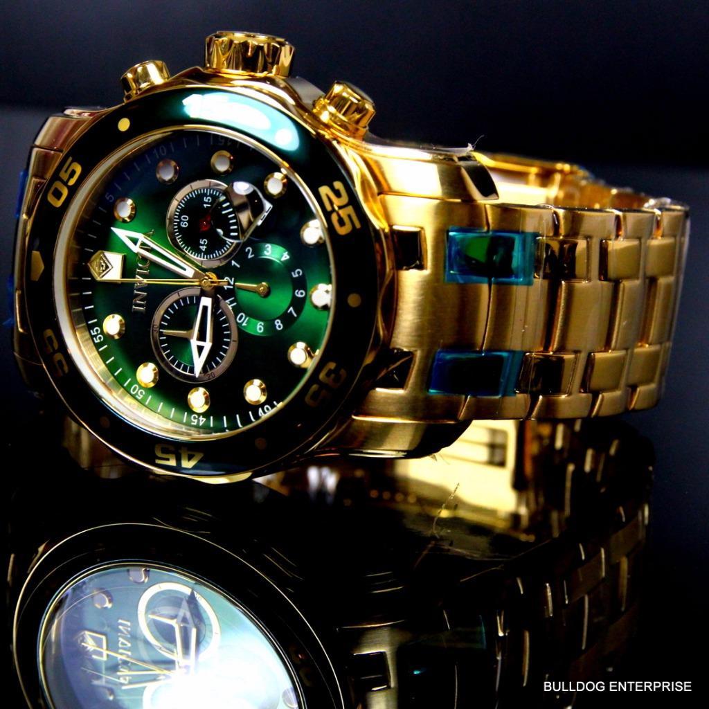 Mens Invicta Pro Diver Scuba 18kt Gold Plated Chronograph Green 48mm Watch New