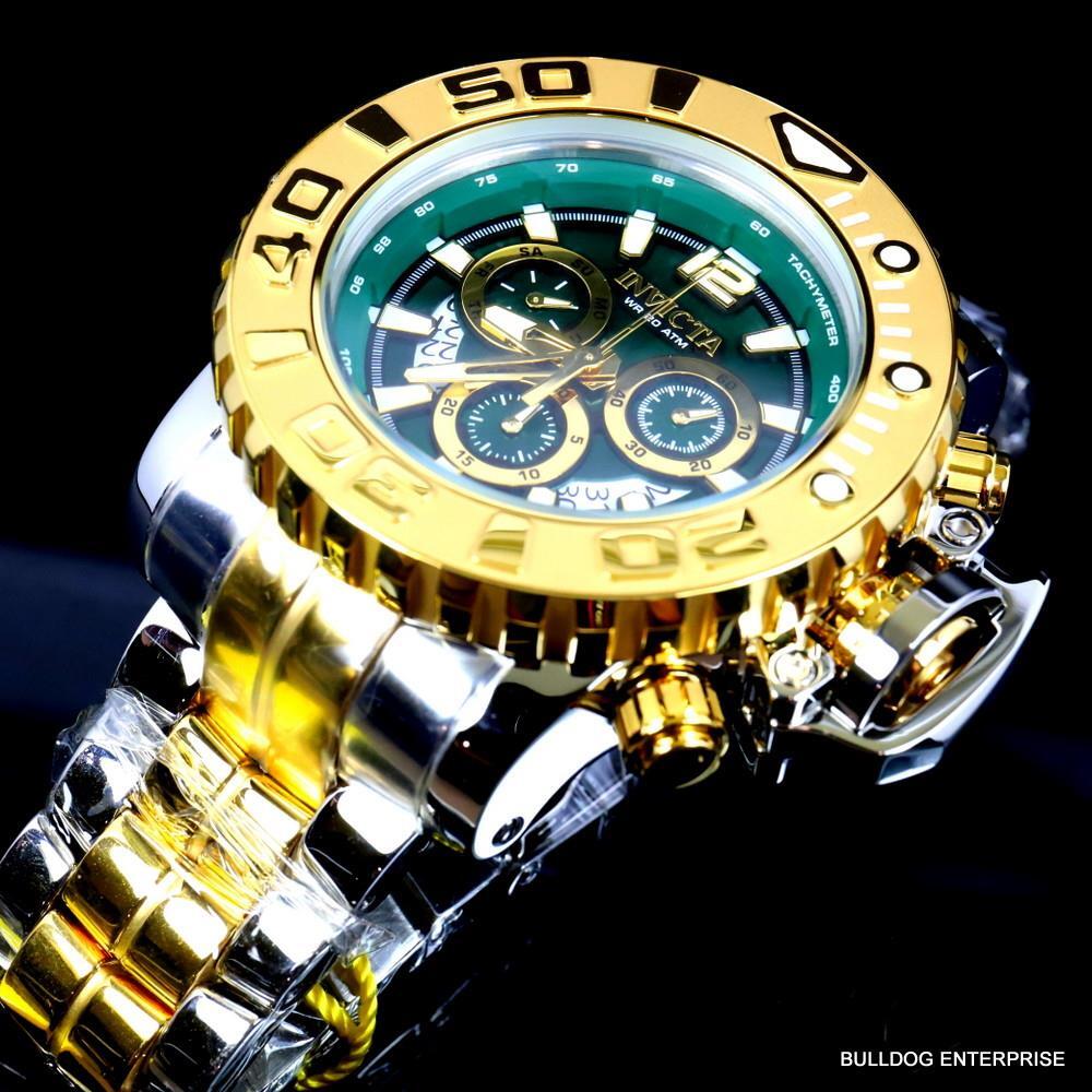 Men's Invicta Sea Hunter Gen II Green 2 Tone Gold Plated 70mm Swiss Watch New
