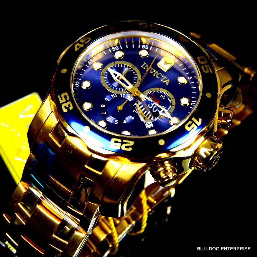 Invicta Pro Diver Scuba 18kt Gold Plated Steel Chronograph Blue 48mm Watch New
