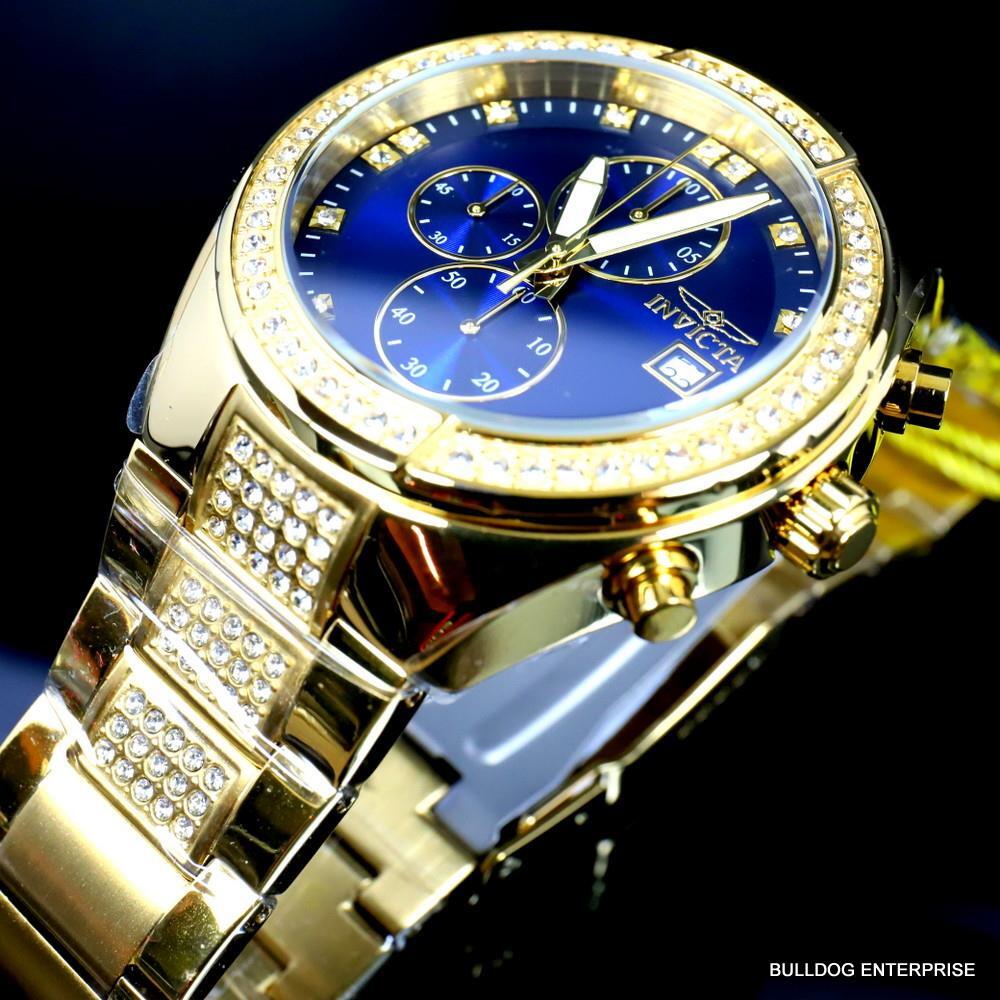 Invicta Specialty Crystal Accented Gold Plated Steel Blue 45mm Chrono Watch New