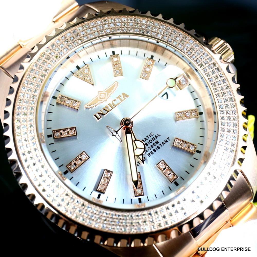 Invicta Pro Diver Automatic1.40 CTW Diamond Rose Gold Plated Silver Watch New