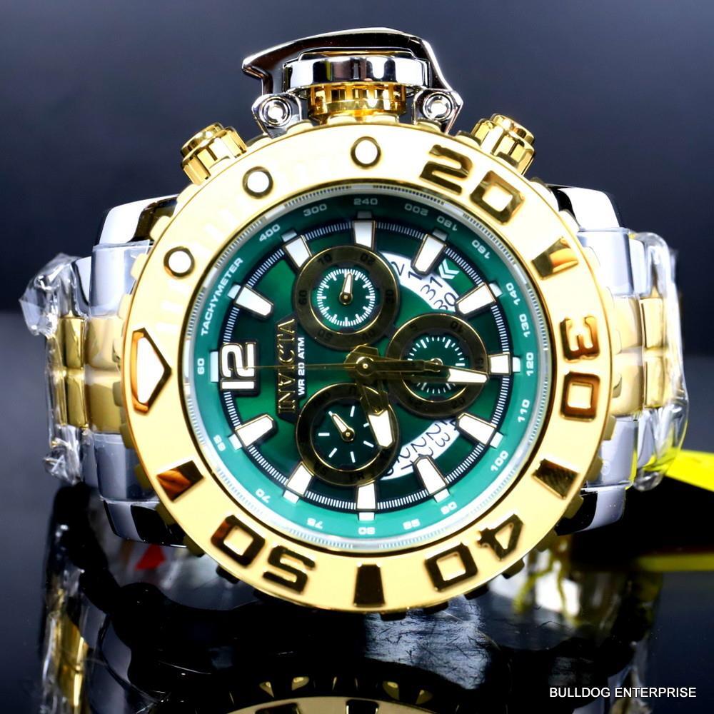 Men's Invicta Sea Hunter Gen II Green 2 Tone Gold Plated 70mm Swiss Watch New