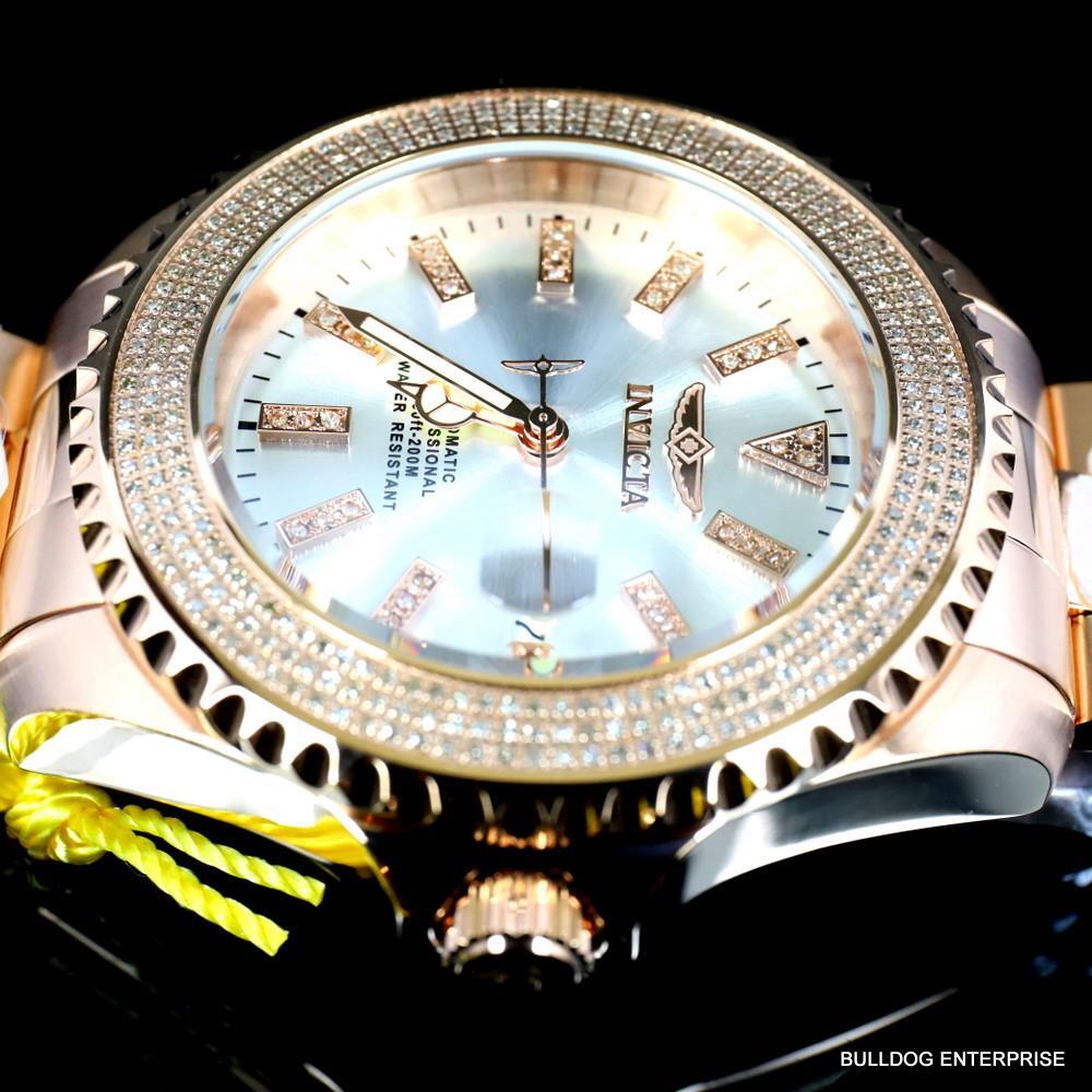 Invicta Pro Diver Automatic1.40 CTW Diamond Rose Gold Plated Silver Watch New