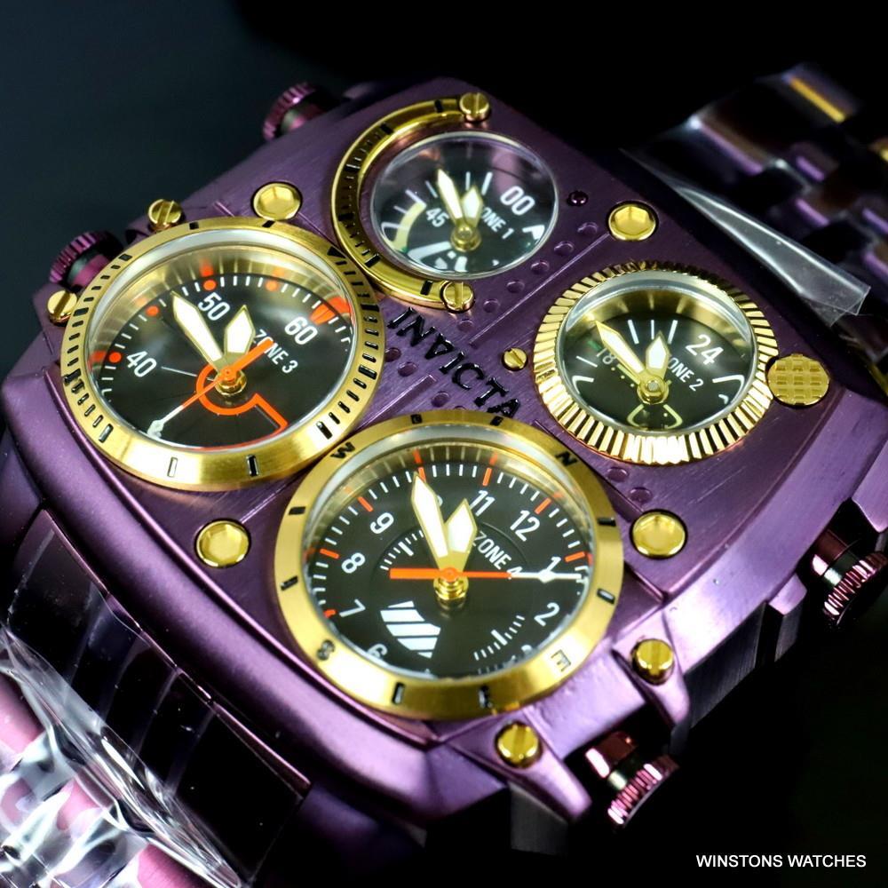 Invicta Aviator Zulu Purple Stainless Steel Bracelet Quad Time 50mm Watch New