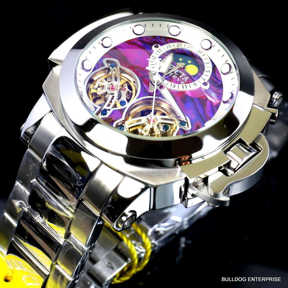 Invicta Man of War Double Open Heart Automatic Moon Purple Abalone Watch New