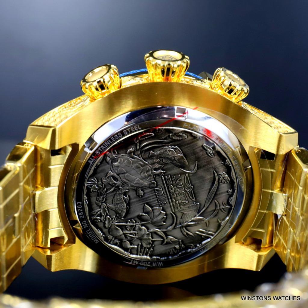 Invicta Bolt Tri Cable Green Blue Koi 54mm Gold Plated Steel Chrono Watch New