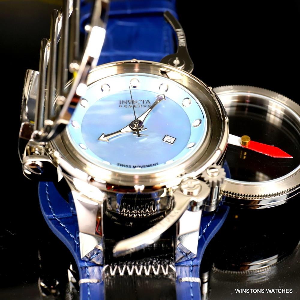 Invicta Russian Diver Compass Platinum MOP Blue Leather 52mm Swiss Mvt Watch New