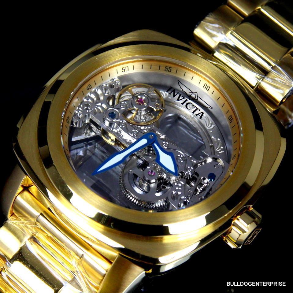 Mens Invicta Aviator Ghost Bridge Mechanical Skeleton Gold Plated 48mm Watch New