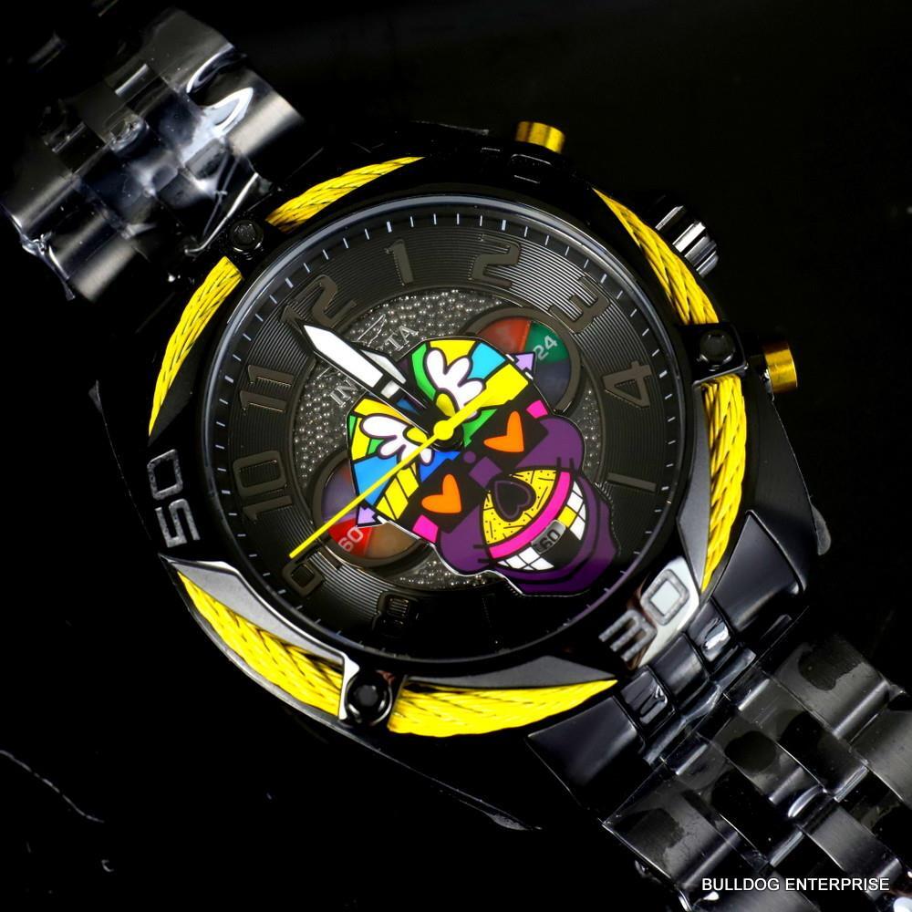 Invicta Romero Britto Modern Art Skull 47mm Black Stainless Steel Watch New