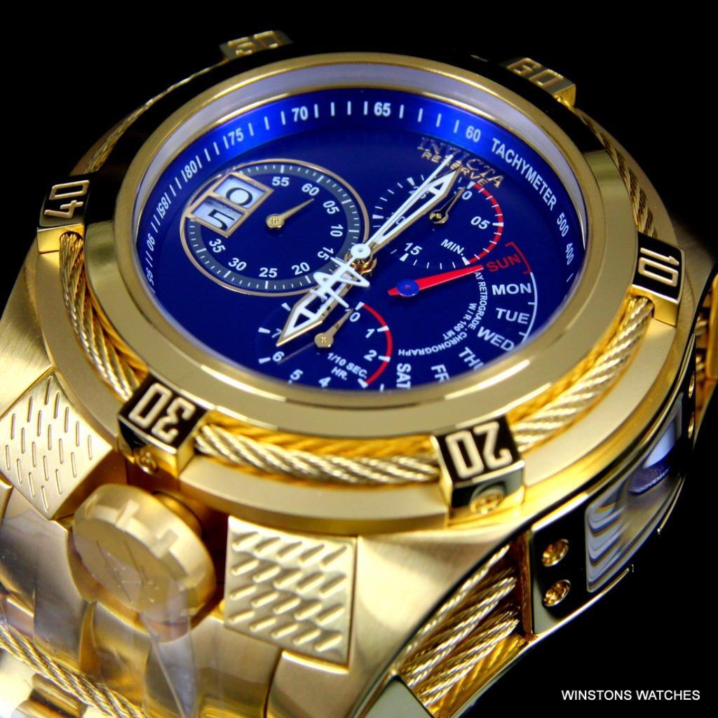 Invicta Bolt Zeus Tria Gold Plated Steel Blue 3 Swiss Mvt Dials 52mm Watch New