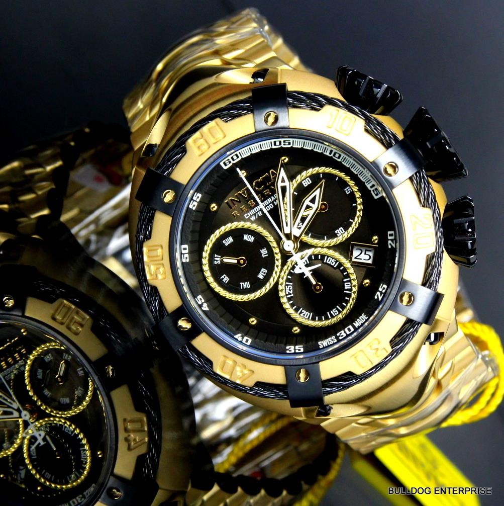 Invicta Reserve Thunderbolt 56mm 18kt Gold Plated Black Chronograph Watch New