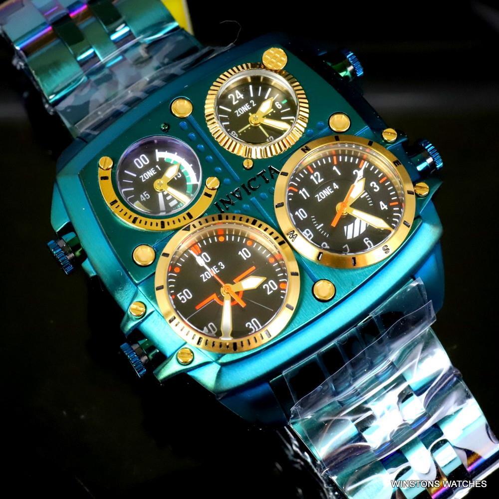 Invicta Aviator Zulu Green Stainless Steel Bracelet Quad Time 50mm Watch New