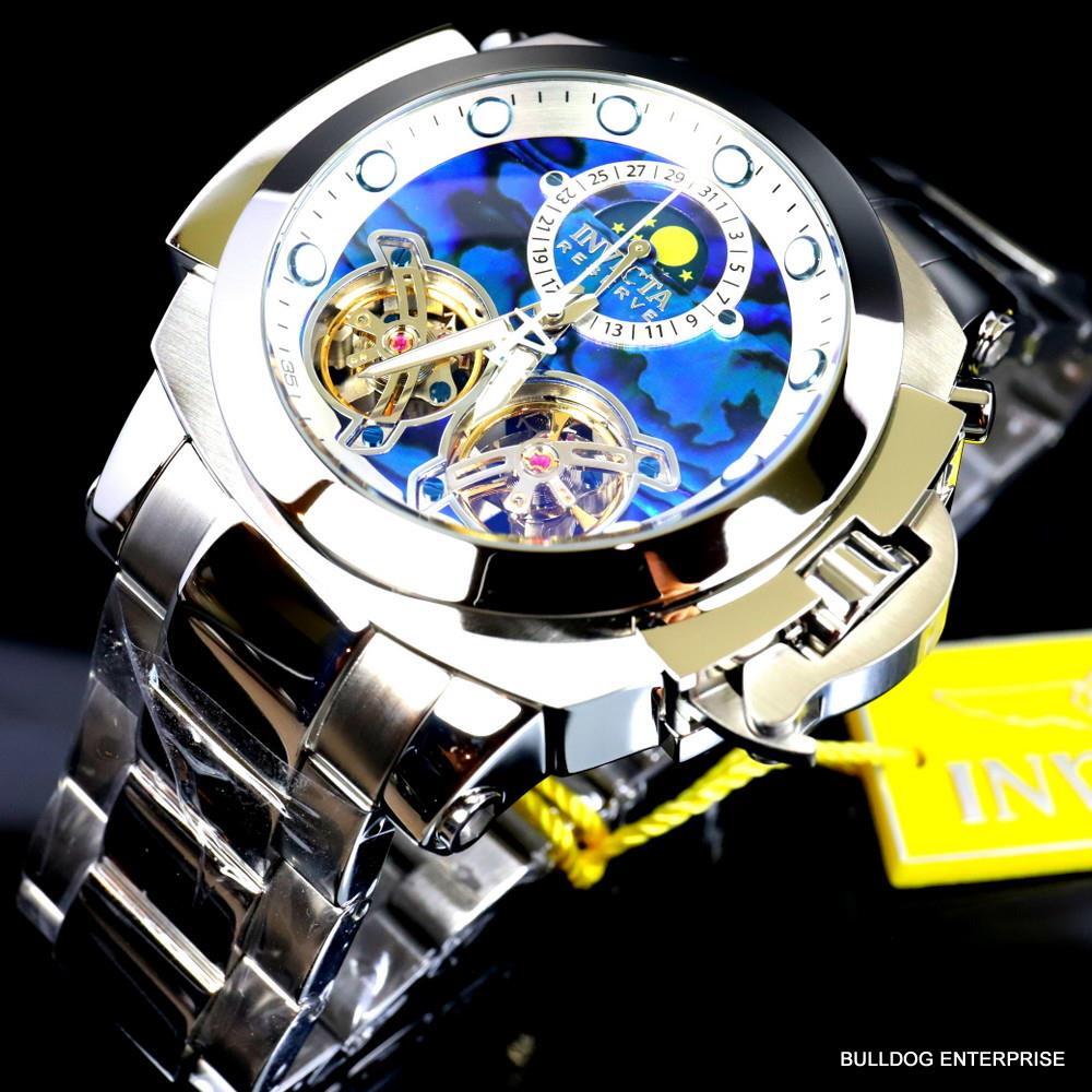 Invicta Man of War Double Open Heart Automatic Moon Blue Abalone Watch New