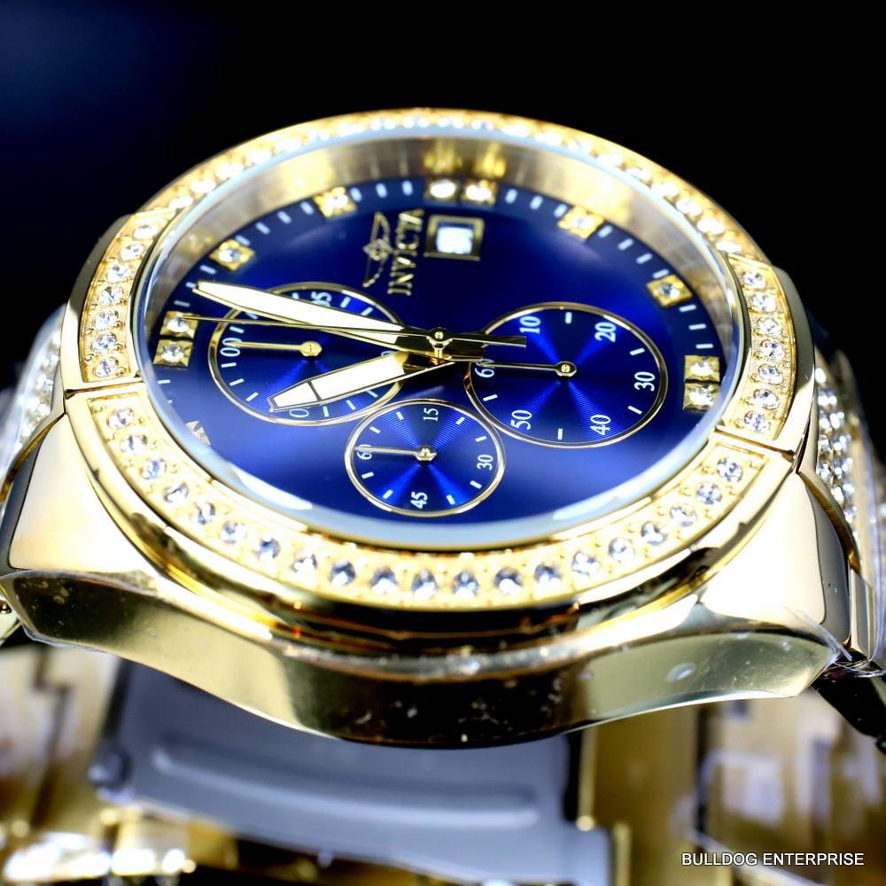 Invicta Specialty Crystal Accented Gold Plated Steel Blue 45mm Chrono Watch New
