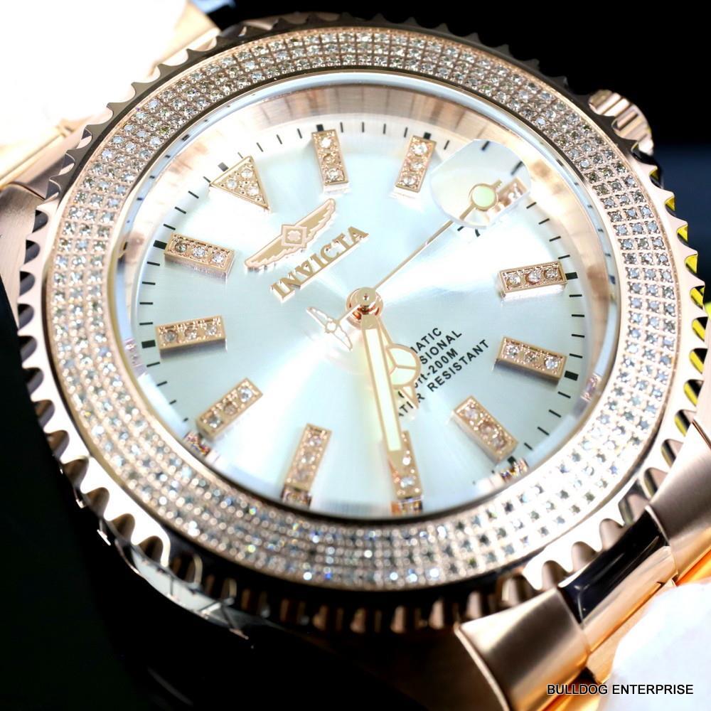 Invicta Pro Diver Automatic1.40 CTW Diamond Rose Gold Plated Silver Watch New
