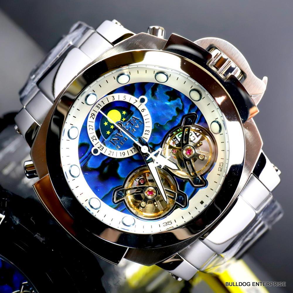 Invicta Man of War Double Open Heart Automatic Moon Blue Abalone Watch New