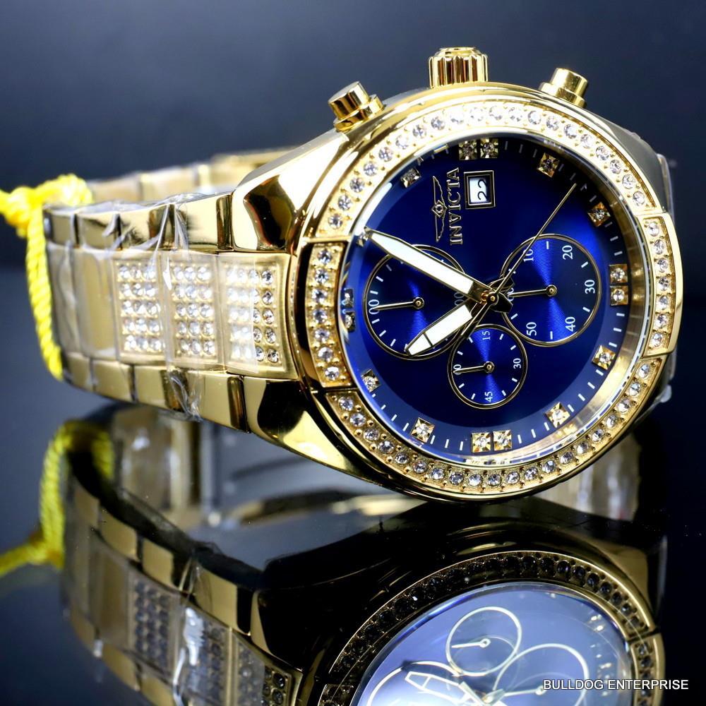 Invicta Specialty Crystal Accented Gold Plated Steel Blue 45mm Chrono Watch New